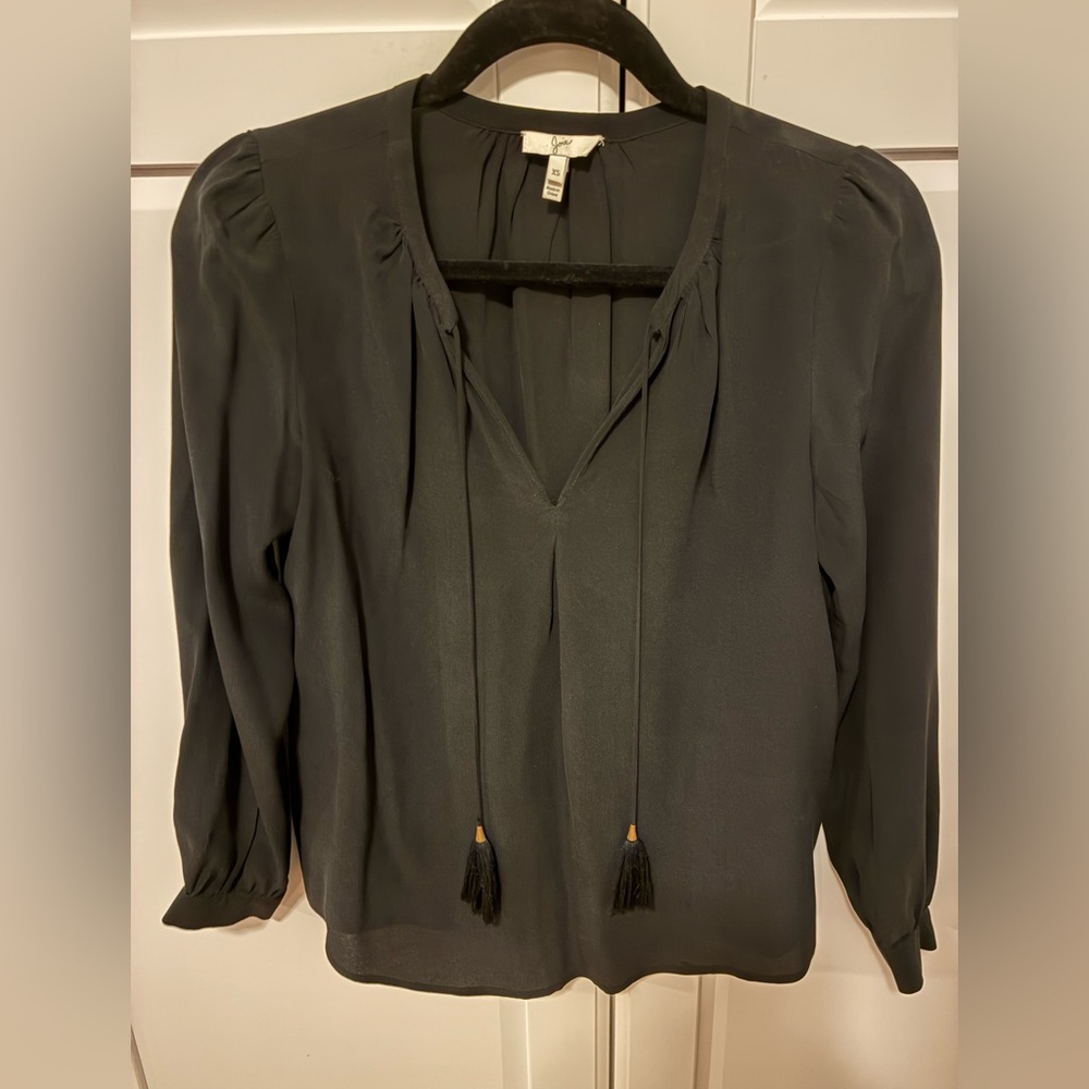 Joie Black Silk Blouse with Tassel Accents